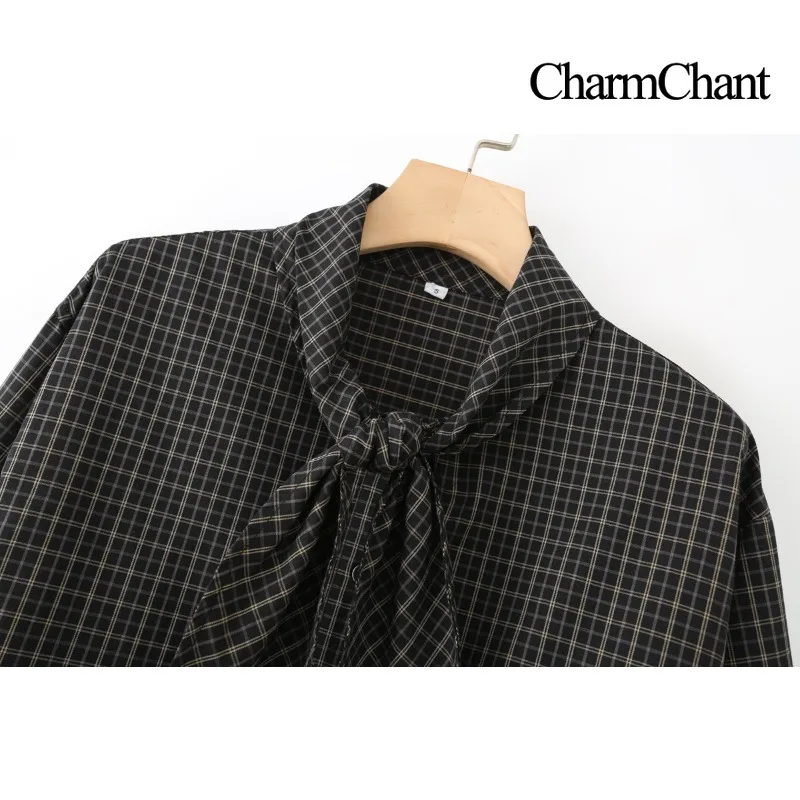 CharmChant Women's Tie Neck Plaid Shirt Spring Autumn 2026 Chic Minimalist Vintage Casual Long Sleeve Blouse Tops for Woman