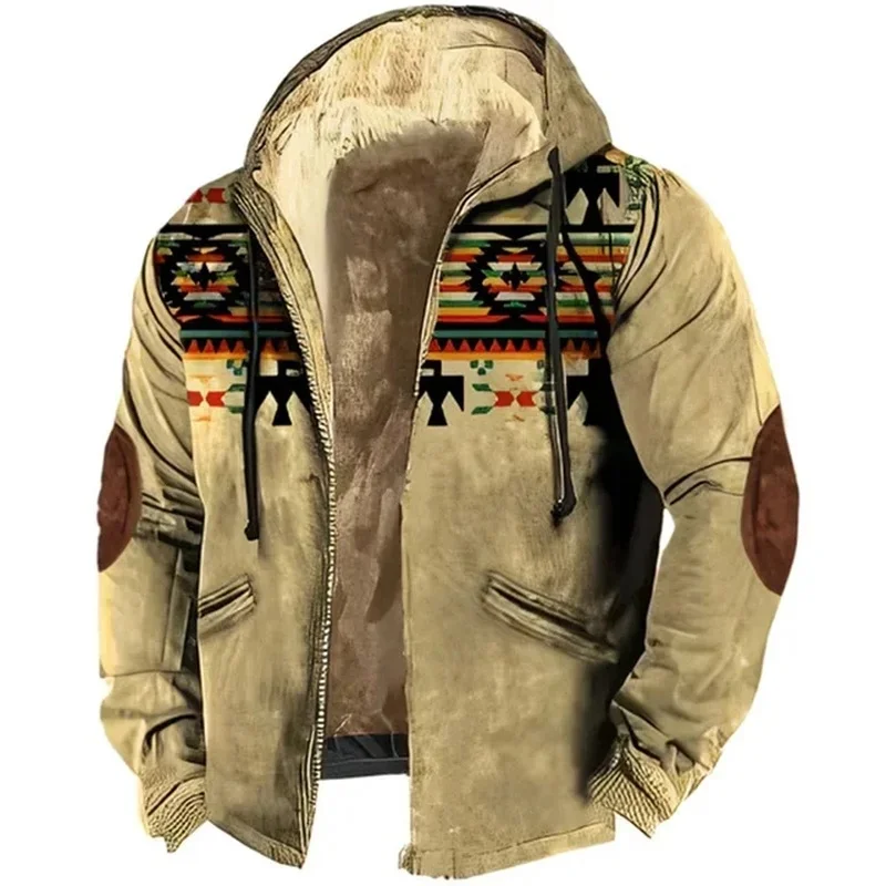 Hip Hop Tribal Graphic 3D Print Winter Long Sleeve Hoodies Zipper Jacket Outdoors Outerwear Men Fleece Jackets Warm Coats