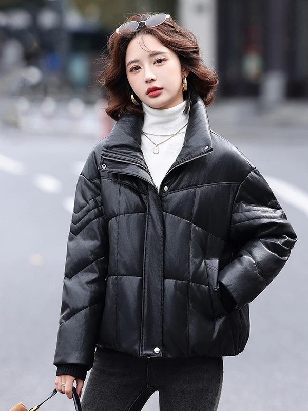 Abrigo de invierno de cuero auténtico ort Puffer Jaet para mujer, abrigo de invierno con cuello levantado, prendas de vestir exteriores de piel sintética para ir al trabajo, poliéster