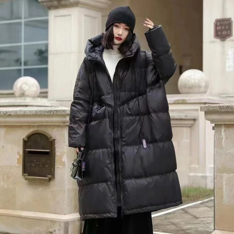 Inverno com capuz cordão solto puffer jaqueta feminina sólida oversize casual silhueta longo pato branco para baixo casaco quente 2024 novo casaco