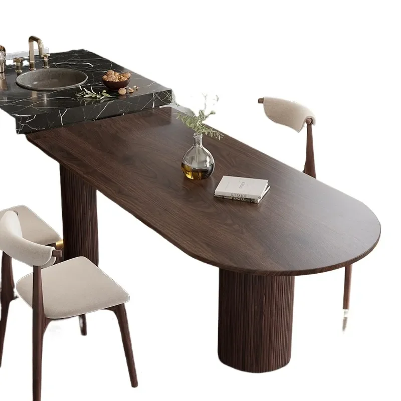 for French Oval Island Mid Ancient Style Solid Wood Dining Table and Chairs Set Walnut Color Multi Person Home Restaurant