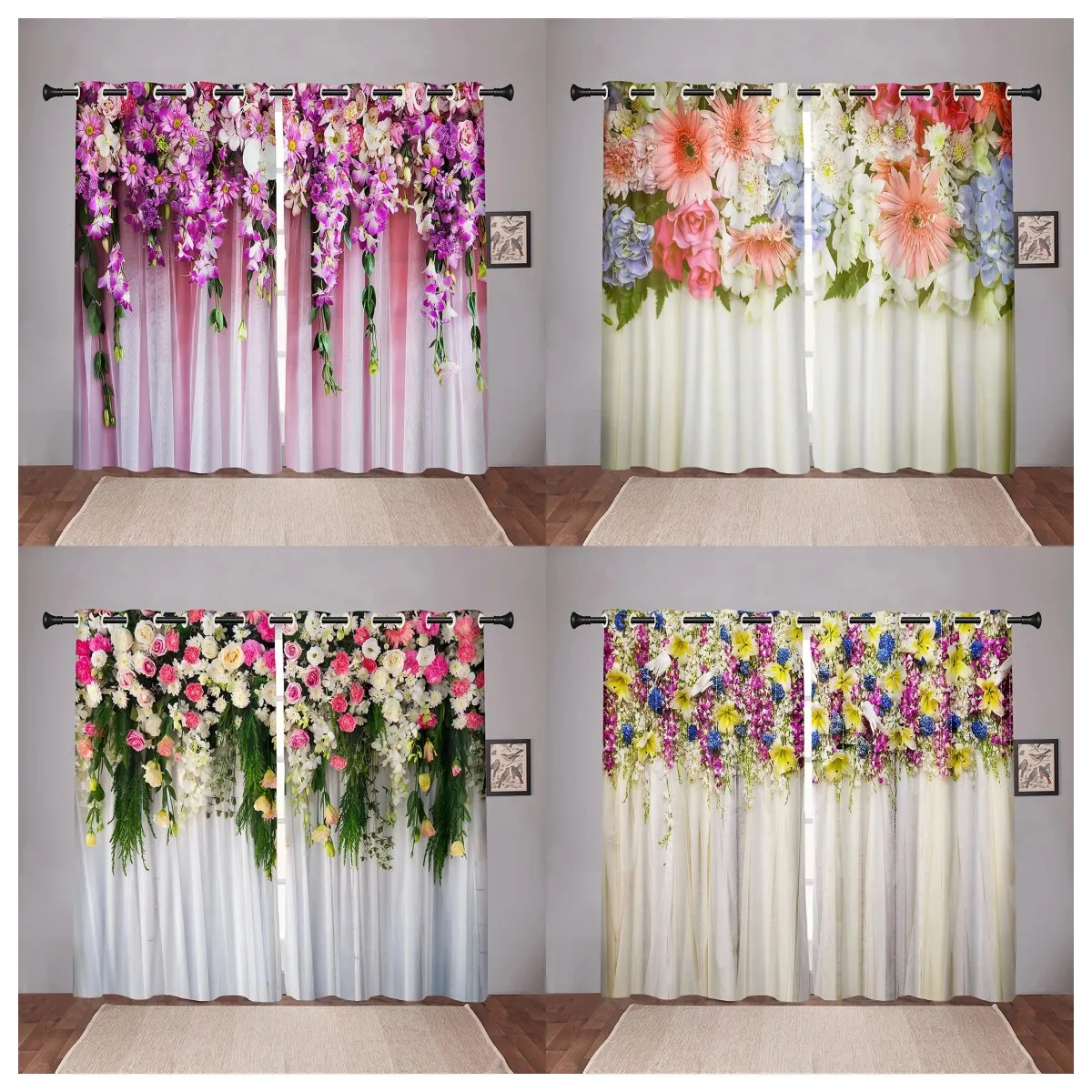 

2 Pieces New Colorful Flawer Floral Leaves Girl Thin Window Curtains for Kids Girls Bedroom Living Room Kicthen Door Home Decor