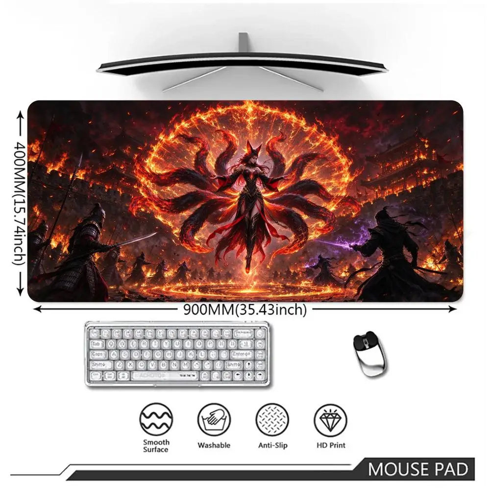 Large Nine Tailed Fox Fire Battlefield Mouse Pad Oriental Fantasy War Scene Extended Gaming Desk Mat, Anti-Slip Washable Playmat