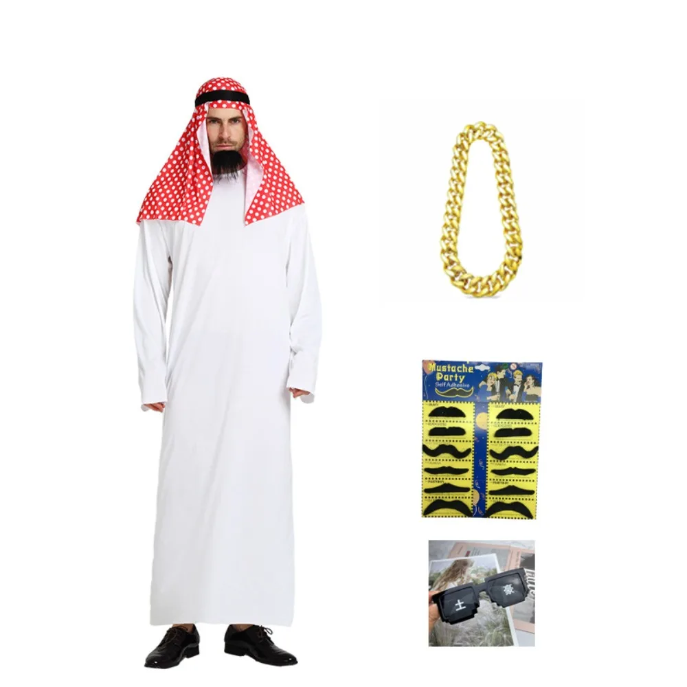 Conjunto de Disfraz de Jeque Árabe para Hombre, Túnica Blanca Larga con Accesorios Completos para Disfraz de Halloween o Fiesta de Disfraces