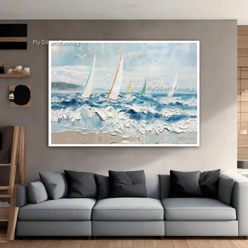 Handpainted Modern Blue And White Seascape Wall Art Fleets On The Sea View Canvas Oil Painting For Living Room Decor As Gifts