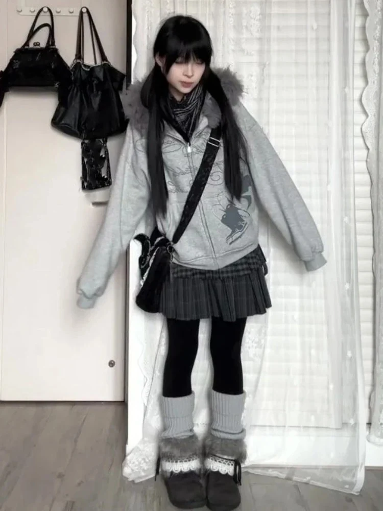 المرأة اليابانية الكرتون طباعة بلوزات Harajuku خمر الفراء المرقعة مقنعين هودي Y2k الجمالية عادية الجرونج جيب هوديس #2