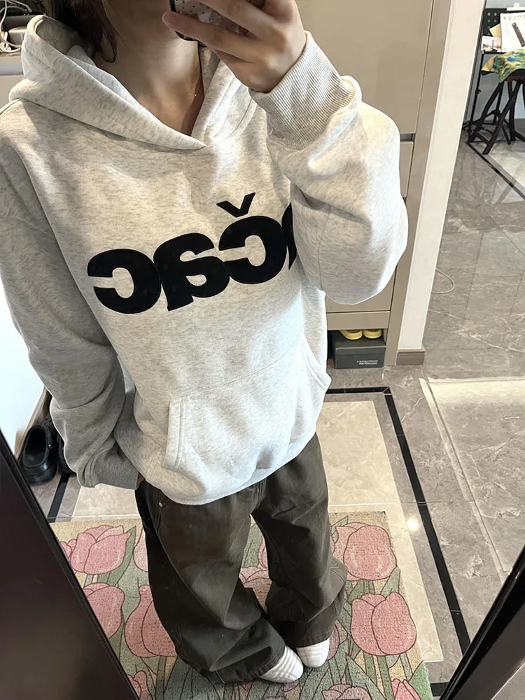 Retro American Letter Patchwork Stickerei Hoodie Damen Herbst Winter Thiened Loose Paar Trendy Oberbekleidung