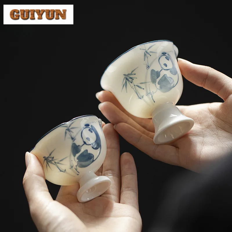 

2 шт./лот, нарисованная вручную синяя и белая панда, бамбуковая чашка с высокой ножкой, винтажная чашка для чая, чашка для чая, личная чашка, чашки Jianzhan Master