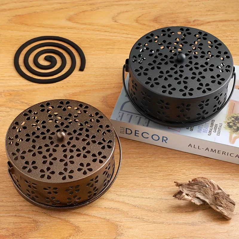 1 piece of retro style portable mosquito coil holder - durable iron hollow incense burner with ergonomic handle