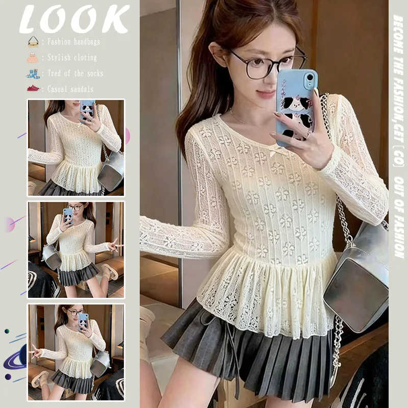 Pure Desire Sweet Spicy Girl Long Sleeve Lace Hollow out T-Shirt Women's Style Princess Cute Wind Bell Bottoms Slim Fit Top