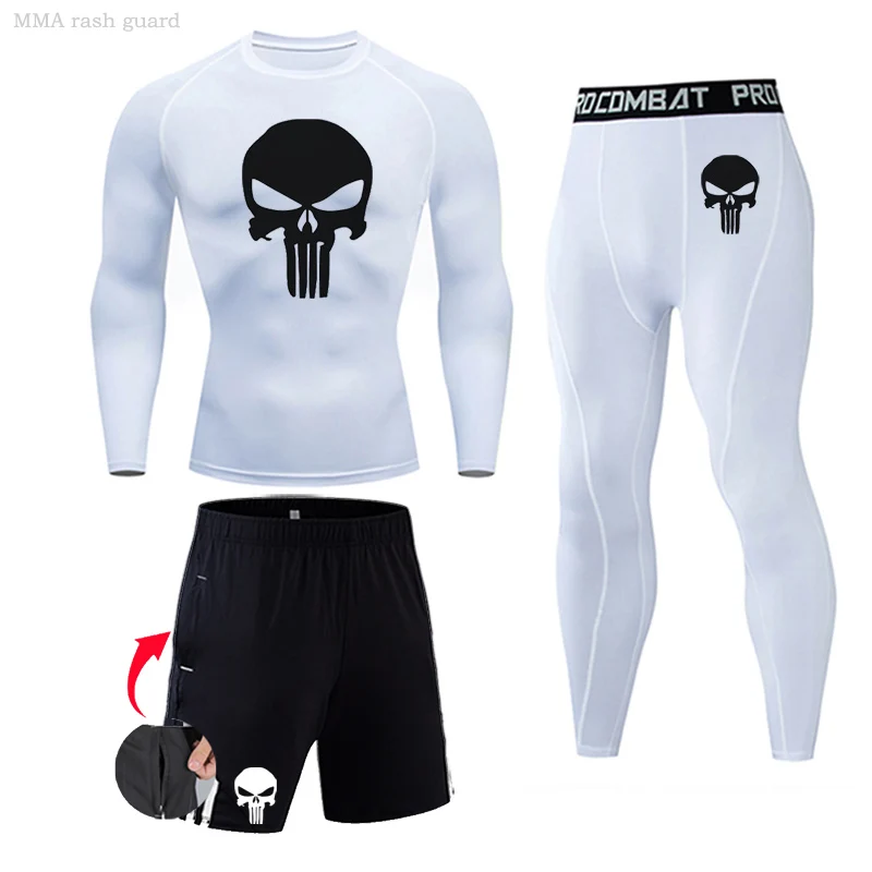 3 Piece Men\'s Full Suit Tracksuit MMA Tactics winter thermal underwear Skull rashgard Male Compression sport Tights jogging suit