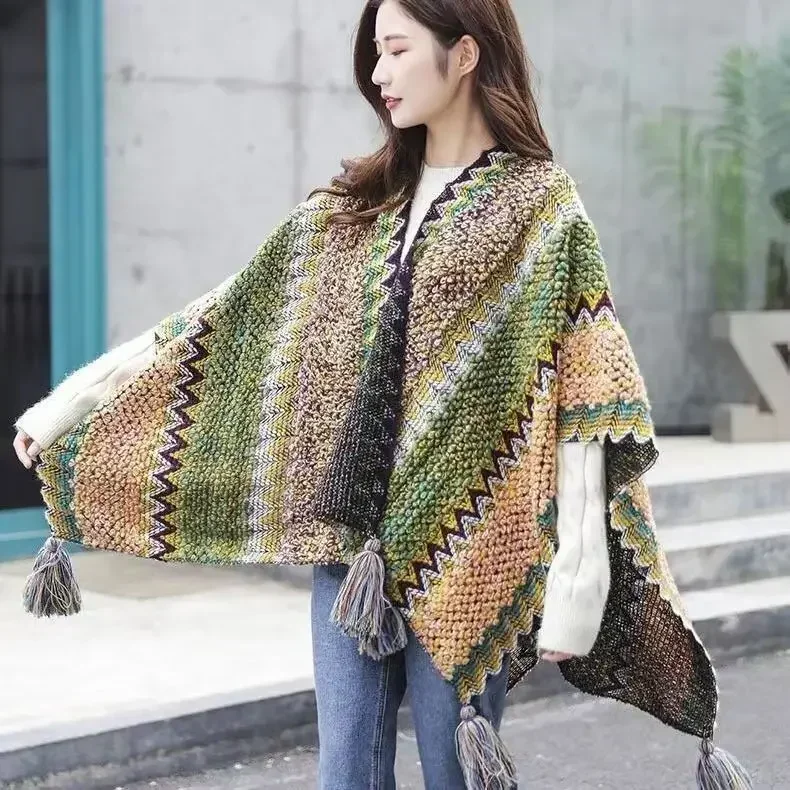 Poncho Knitted Cloak Knitted Cape Ethnic Style Capes Tassel Cardigan Sweater Color Loose Vintage Striped Women Travel Coat R2