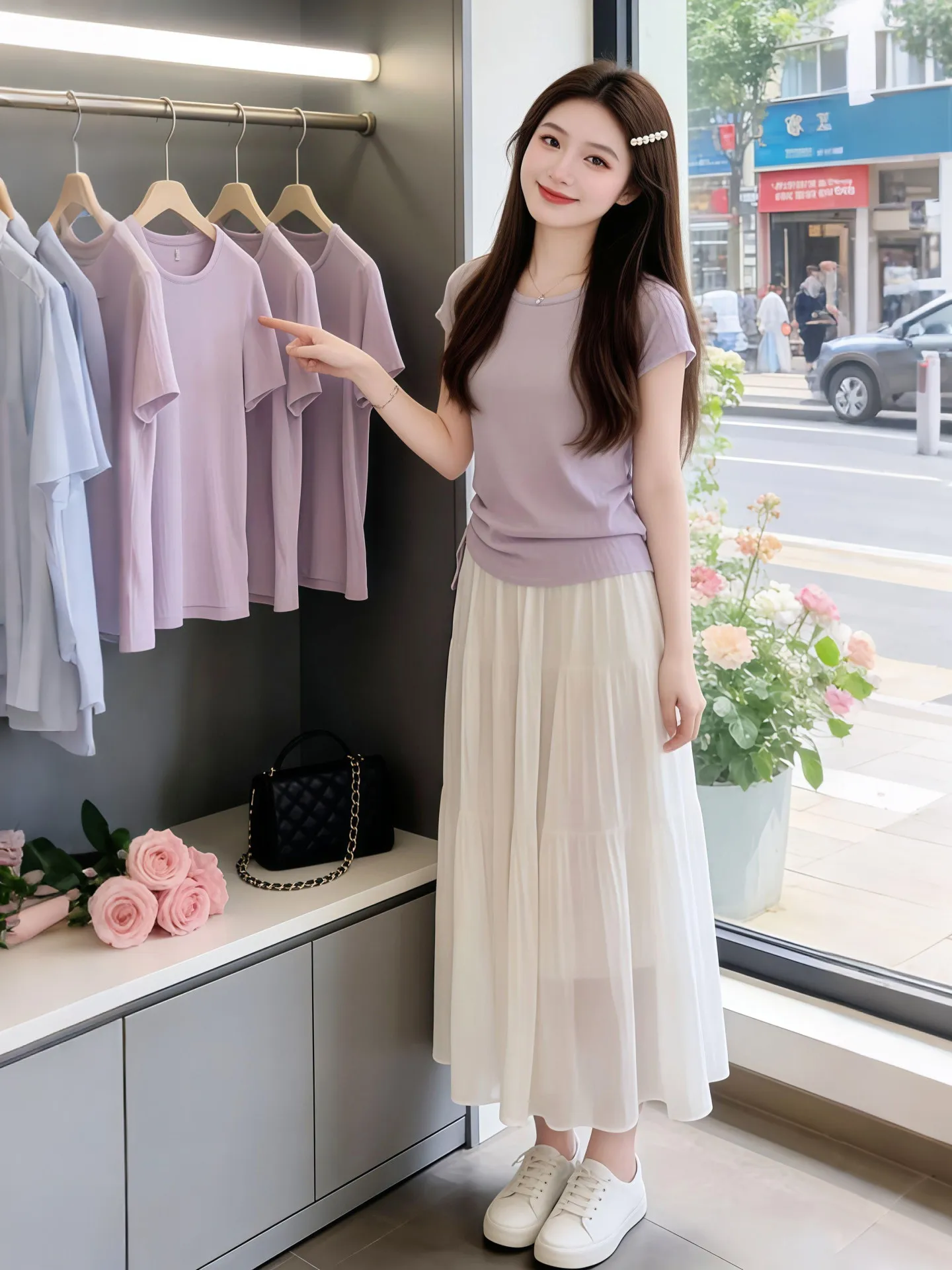 

Summer 2026 Stylish Light Purple Top And White Skirt Set Elegant Slimming Beautiful Fashionable Women's Two-Piece Suit