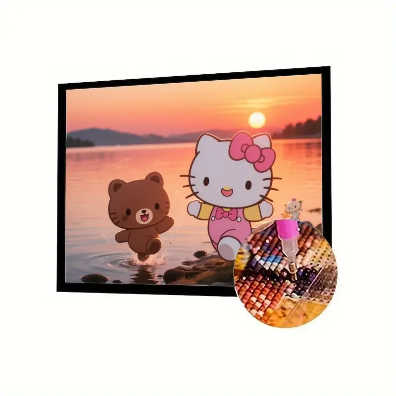 

1 шт., набор для алмазной живописи Hello Kitty & Cute Bear Sunset Lake 5D с полным сверлом - DIY мультяшные друзья, вышивка стразами, крест Sti