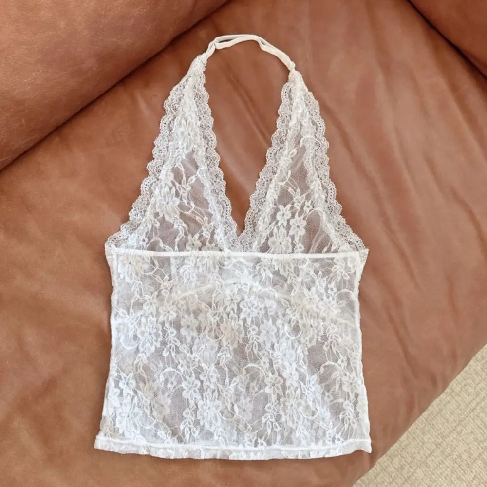 

Elegant Mesh Lace Halter Vest V-neck Beachwear Lace-up Short Shirt Streetwear Spicy Girl Style Sweet Floral Camisole Party