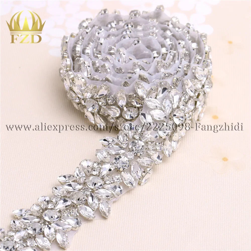 (1 Yard) Handmade Hot Fix Sewing on Clear Rhinestone Crystal Appliques for Wedding Gown Iron on Belt Headpieces Garters FA-1072