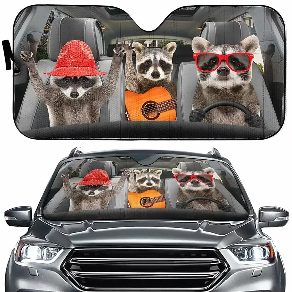 Rock Raccoon Car Windshield Sunshade Pet Driver Sun Shield Funny Animal Family Driver Auto Front Window Sun Visor 3D Printed