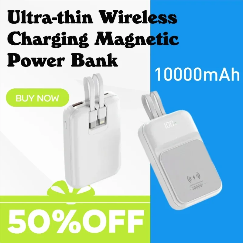 

Ultra-thin Wireless Charging Magnetic Power Bank with Built-in Cable 10000mAh Portable Power Supply