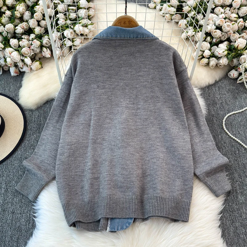 EWQ Denim Patchwork Knitted Sweater For Women 2024 Autumn New Fashion Long Sleeve Loose Pocket Design Casual Clothing 27X1120