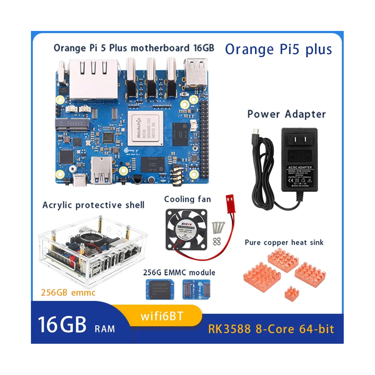 For Orange Peel 5 Plus 16GBRAM+256GB Emmc Module RK3588 Octa-Core Support 8K Video 2.5G WiFi6 Module Accessories US Plug