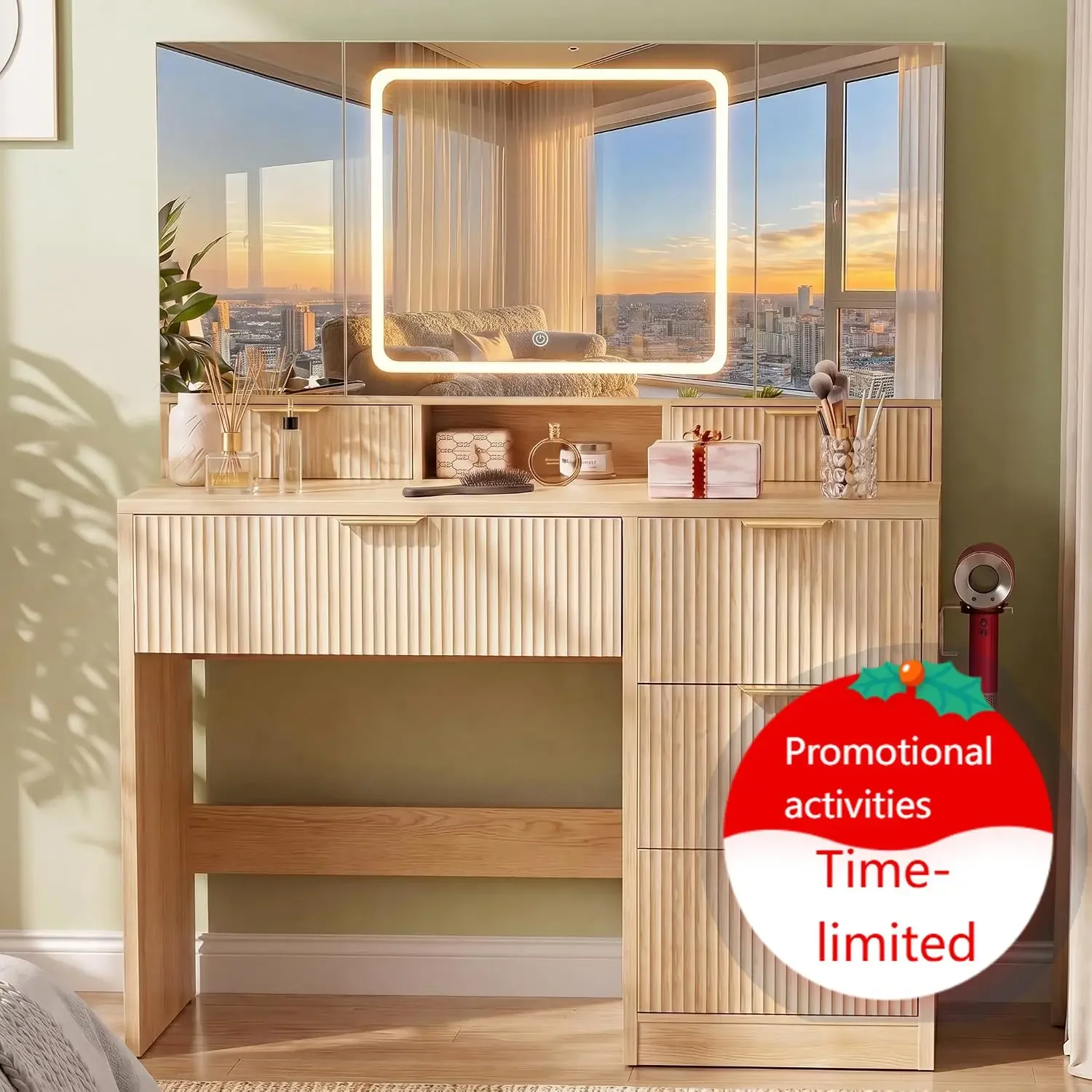 COMHOMA Vanity Desk with 3-Way Mirror and Lights, Makeup Vanity with 360° View Mirror, 3 Lighting Modes, 6 Drawers,Storage Cabin