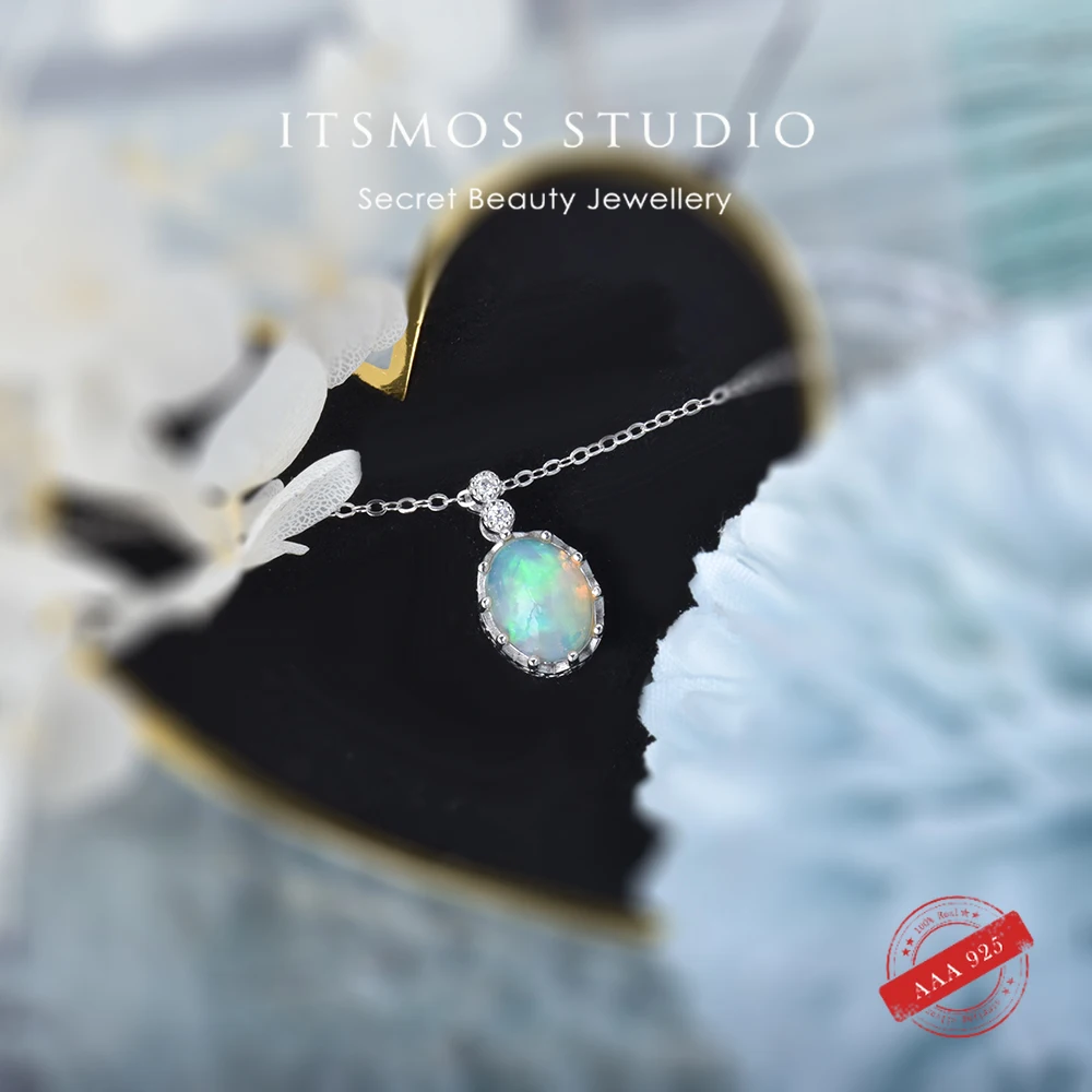 ITSMOS Natural Opal s925 Sterling Silver Pendant Necklace Fire Color Lucky Heart Side Pendant Beautiful Jewelry for Women Gift