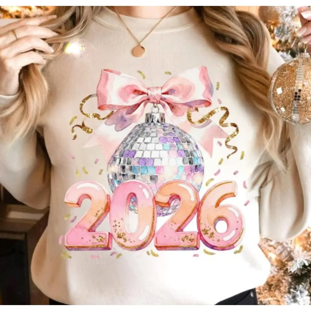 سنة جديدة سعيدة 2026 هوديي الوردي Coquette السنة الجديدة البلوز القوس السنة الجديدة ديسكو الكرة البلوز الشارع موضة الشارع الشهير