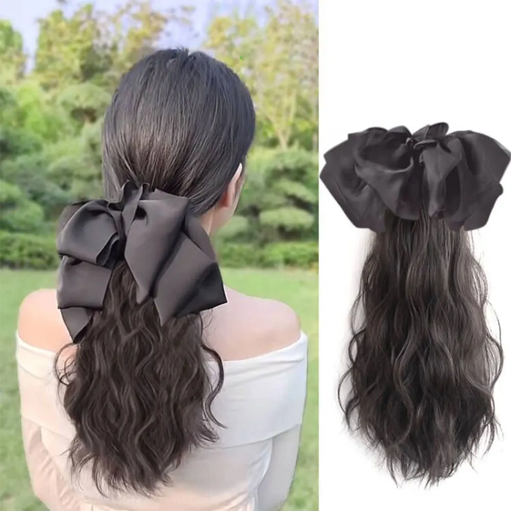 Extensiones de cabello de cola de caballo con Clip de garra sintética, pelo largo y rizado, cola de arco Natural, pelo falso para mujer, peluca negra con cola de caballo