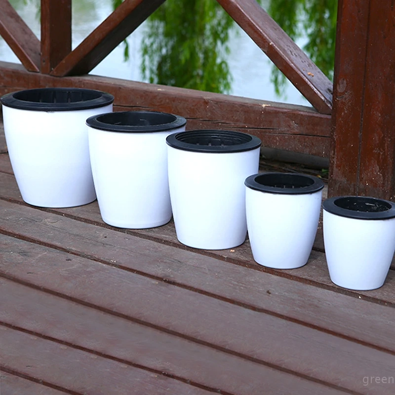 أصيص زهور مستدير بطبقة مزدوجة، وعاء زراعة مائي أوتوماتيكي لامتصاص الماء، أصيص زهور نباتات خضراء كبيرة، بونساي #5