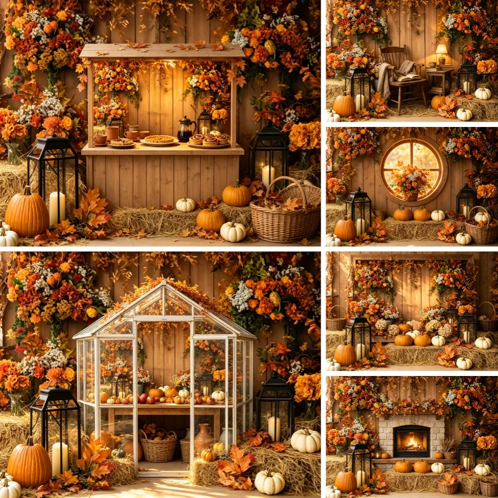Autumn Harvest Photography Background Rustic Booth Pumpkin Floral Lantern Decor for Thanksgiving Baby Family Photo Shoot Props