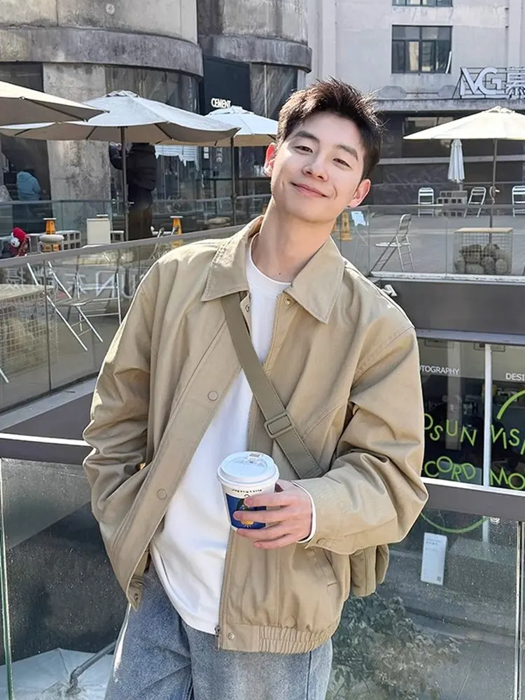 

Casual Loose Fit Pure Color Collared Jacket Workwear For Men Spring Autumn Versatile Simple Sleeve Zipper Closure Long Sleeve