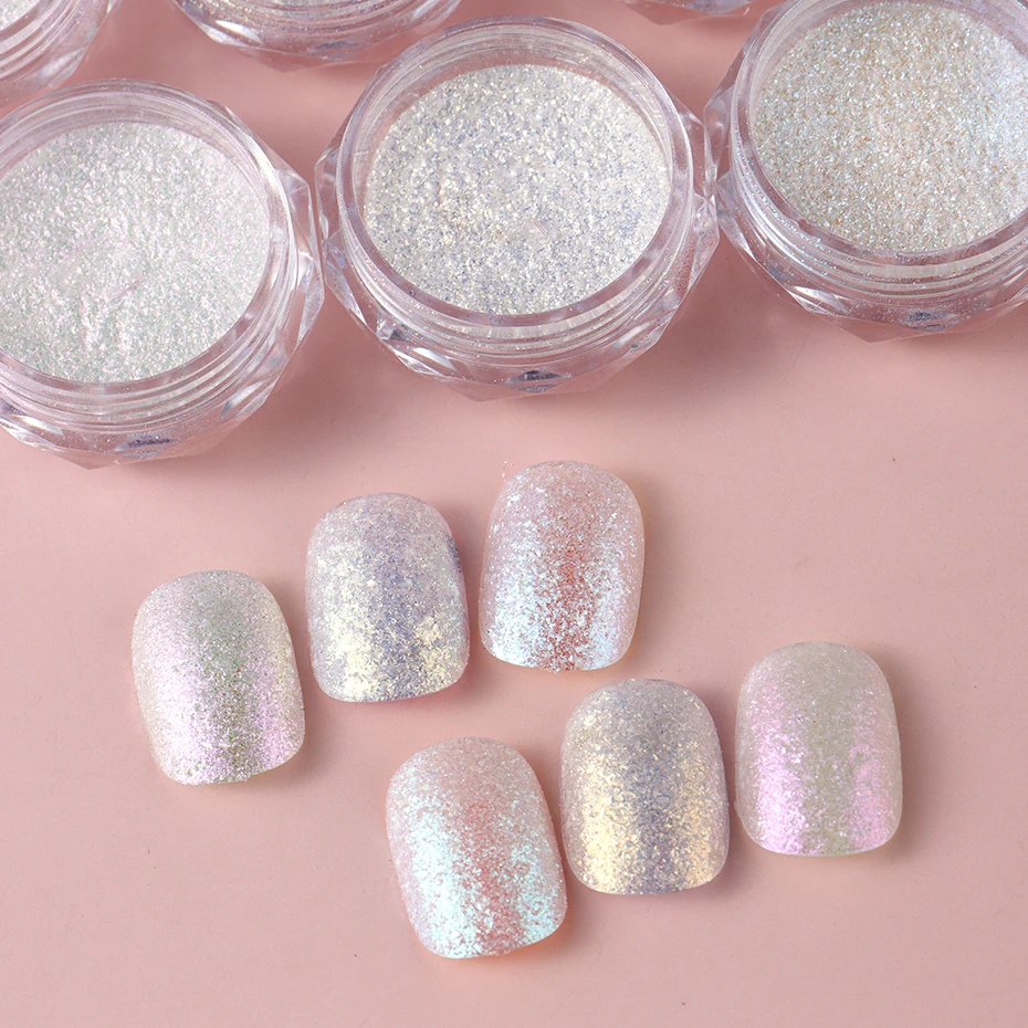 6 scatole Aurora cristallo bianco opale polvere per unghie olografica iridescente glitter paillettes strofinare polvere sirena camaleonte fiocchi manicure fai da te