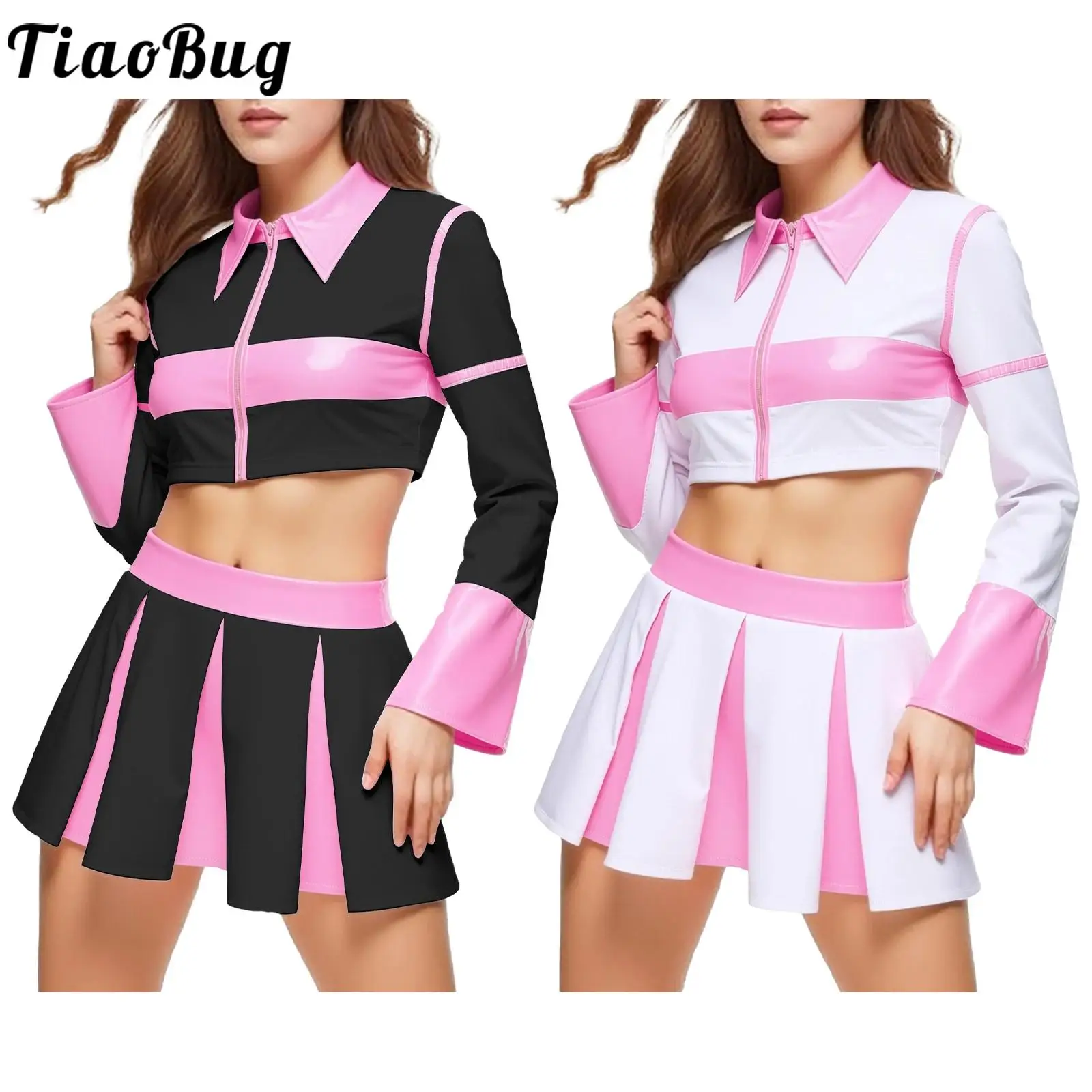 

Women Anime Cosplay Costume Cheerleading Cheer Dance Outfits Long Sleeve Cropped Top and Pleated Miniskirt for Club Stage Match