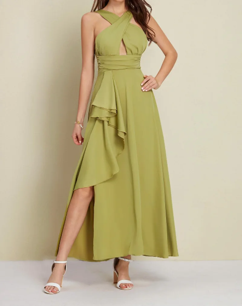 Vestido de cóctel para invitados de boda, fiesta, verde militar, satén, verde, cuello halter, abertura frontal, volantes asimétricos recortados