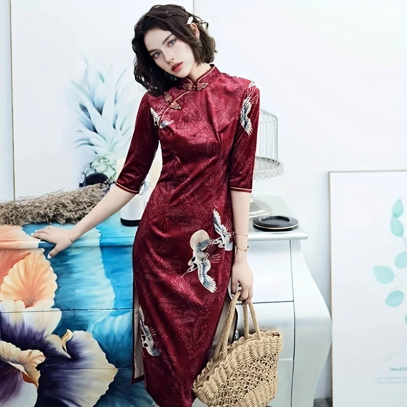 Modern Long Sleeve Qipao Dress for Women, Chinese Traditional Cheongsam, Red Blue Dress