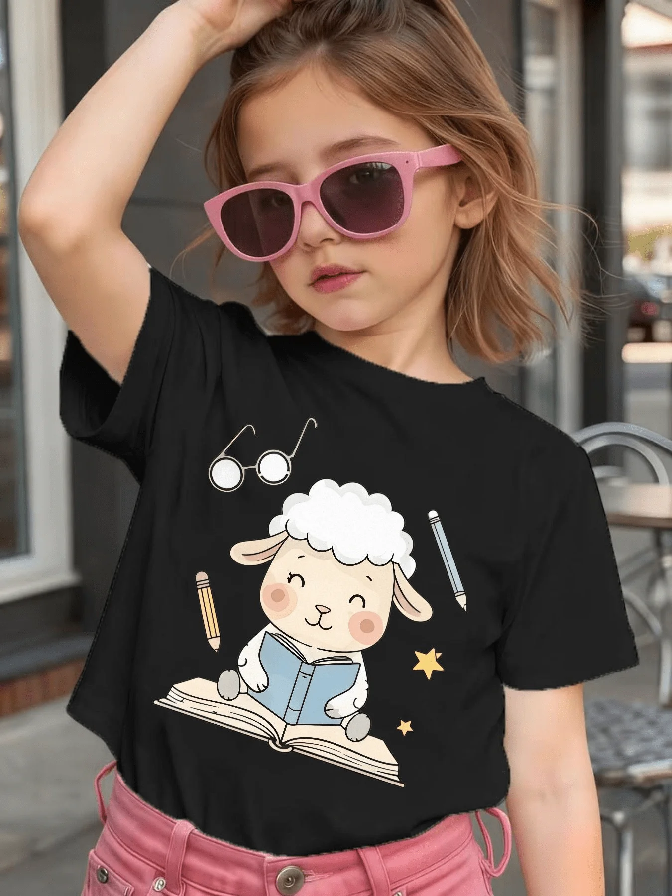 Cute Reading Sheep With Book Cartoon Graphic Kids Tee Boys Girls Family Matching Cotton Crew Neck Short Sleeve Soft Summer Tee