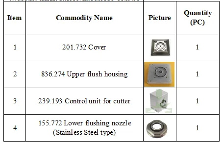 

1PC 201.732 Cover, 1PC 836.274 Upper flush housing, 1PC 239.193 Control unit for cutter, 1PC 155.772 Lower flushing nozzle