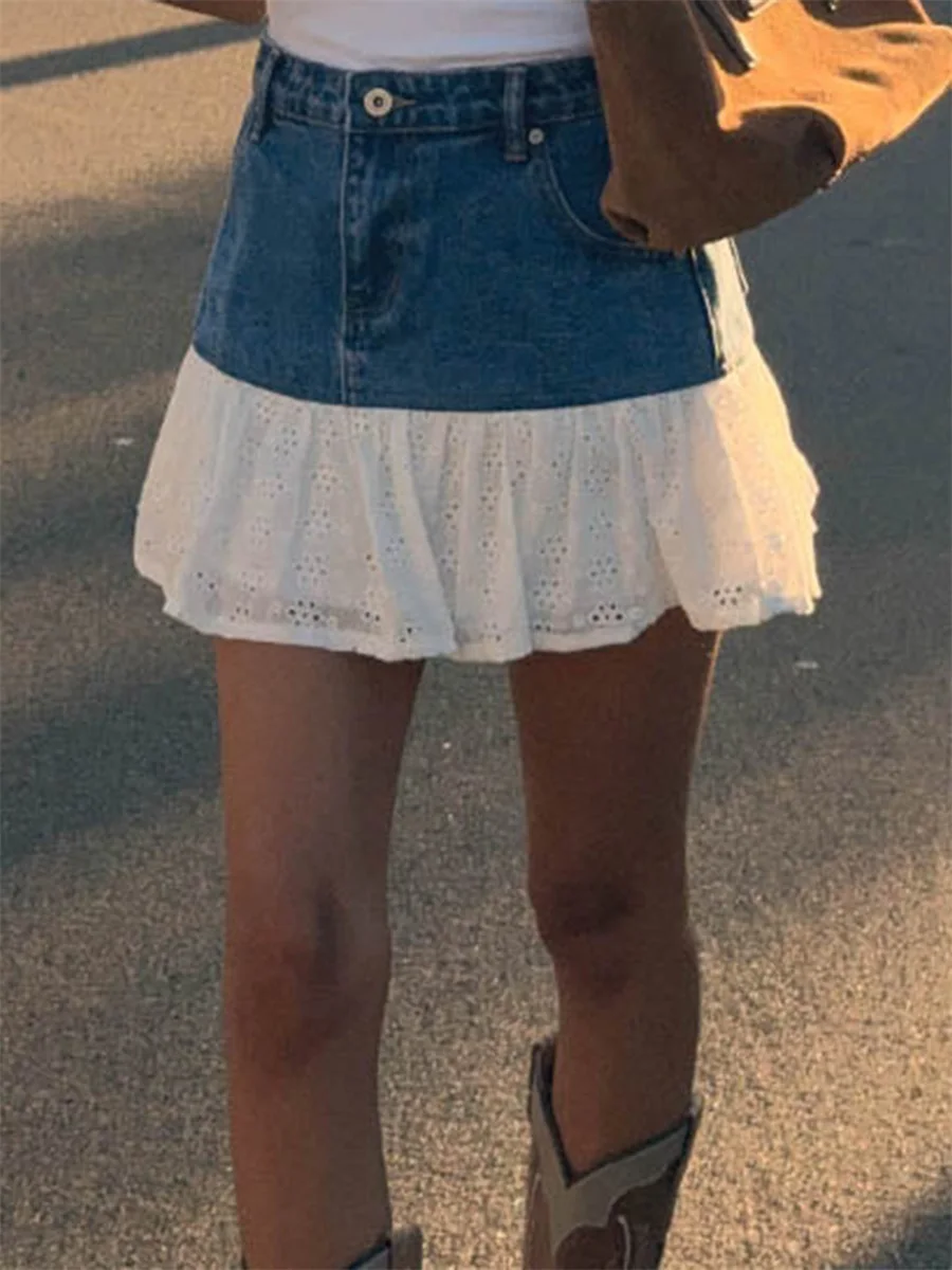 Denim Patchwork Mini Skirt for Women Hollow Lace Ruffle Hem Mid Rise A Line Skirt