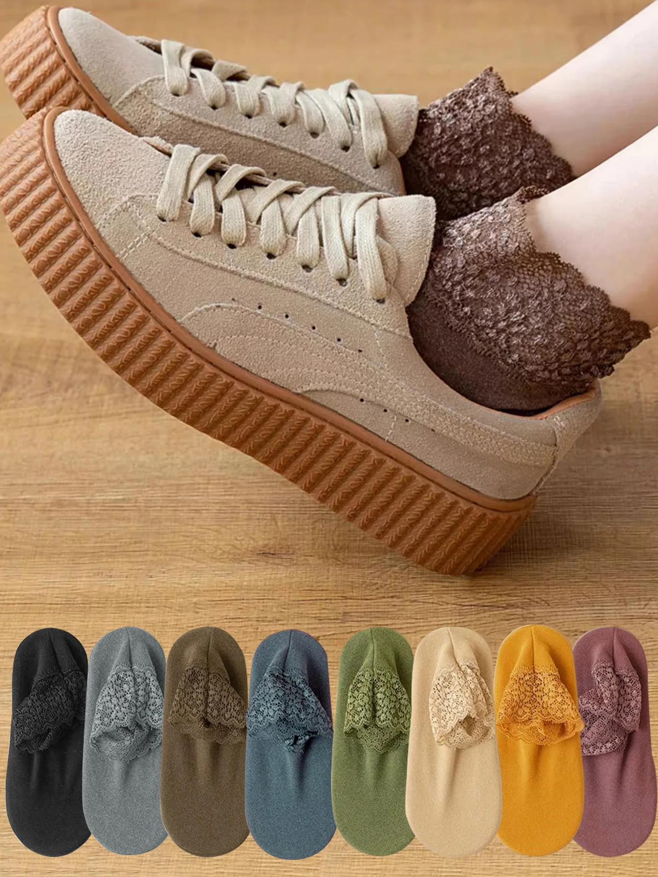 5 Paar warme Samtsocken, hohle Spitze, niedrige Röhre, Silikon, Thermo-Herbst-Winter, verdickt, warmes Zuhause, Bodensocken, rutschfeste Socken, Slipp