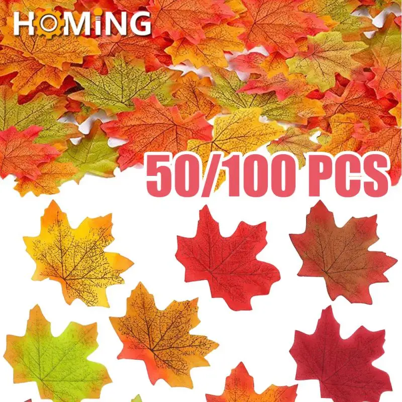 50/100pcs Artificial Silk Maple Leaf Autumn Fake Leaves Garland Maple Leaves Vine Thanksgiving Halloween Wedding Party Decor