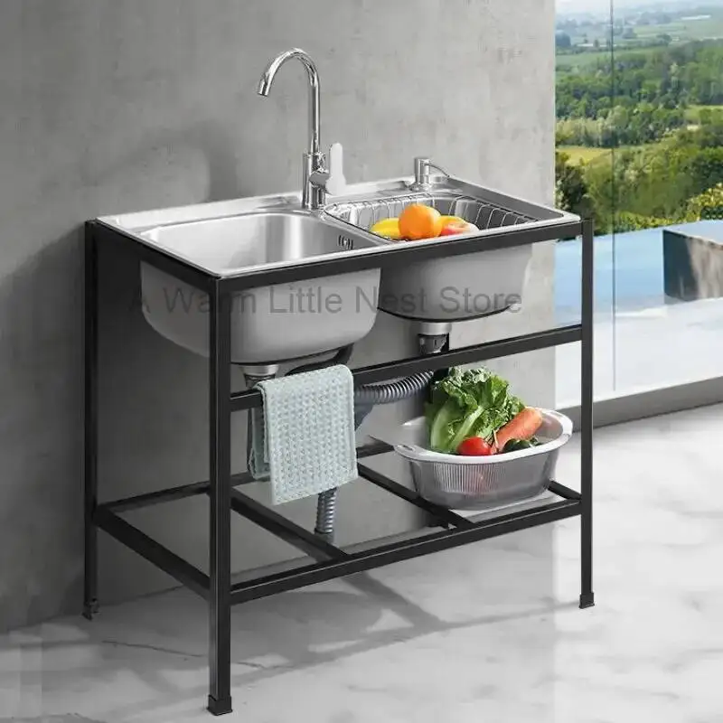 Home Thickened Single Dishwashing Sinks Floor-standing Kitchen Sinks with Bracket Stainless Steel Double Slot Basin with Shelf