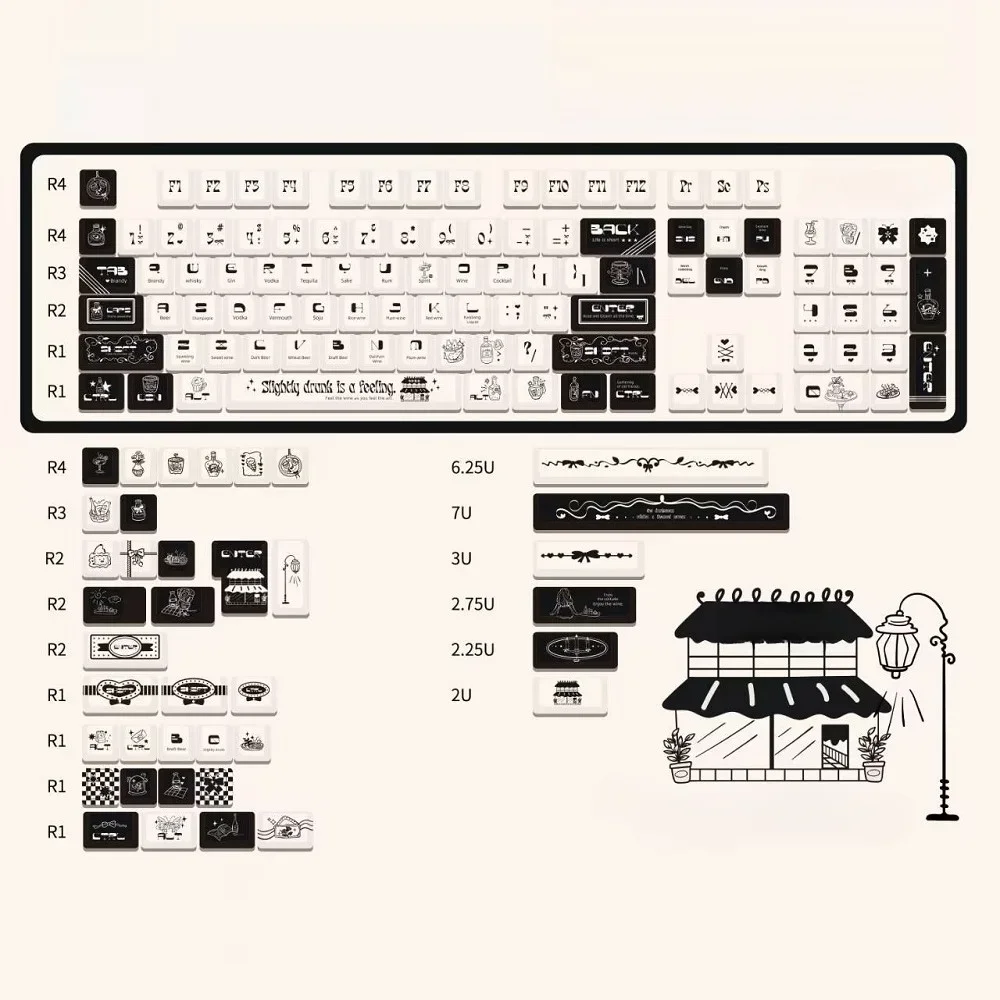 Ensemble de capuchons de touches pour clavier mécanique, thème légèrement ivre, capuchon de clavier personnalisé, noir et blanc, aucun profil, jeu, 151 touches, PBT