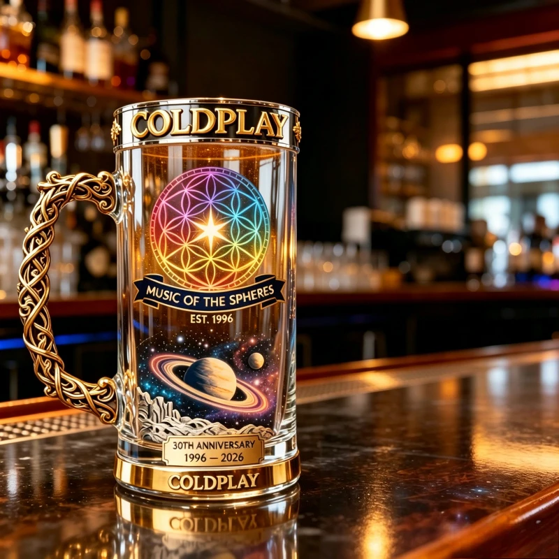 Jarra de Cerveza Conmemorativa del 30 Aniversario de Coldplay "Music of the Spheres" - Taza de Vidrio Coleccionable Cósmica