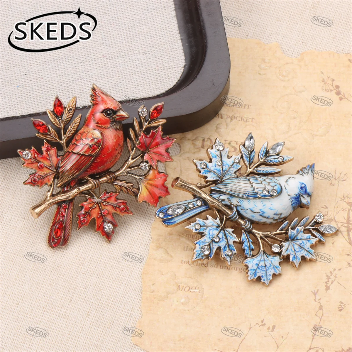 SKEDS Women Fashion Enamel Cardinal Bird Brooch Rhinestone Maple Leaf Branch Animal Pin Brooches Thanksgiving Jewelry Gift