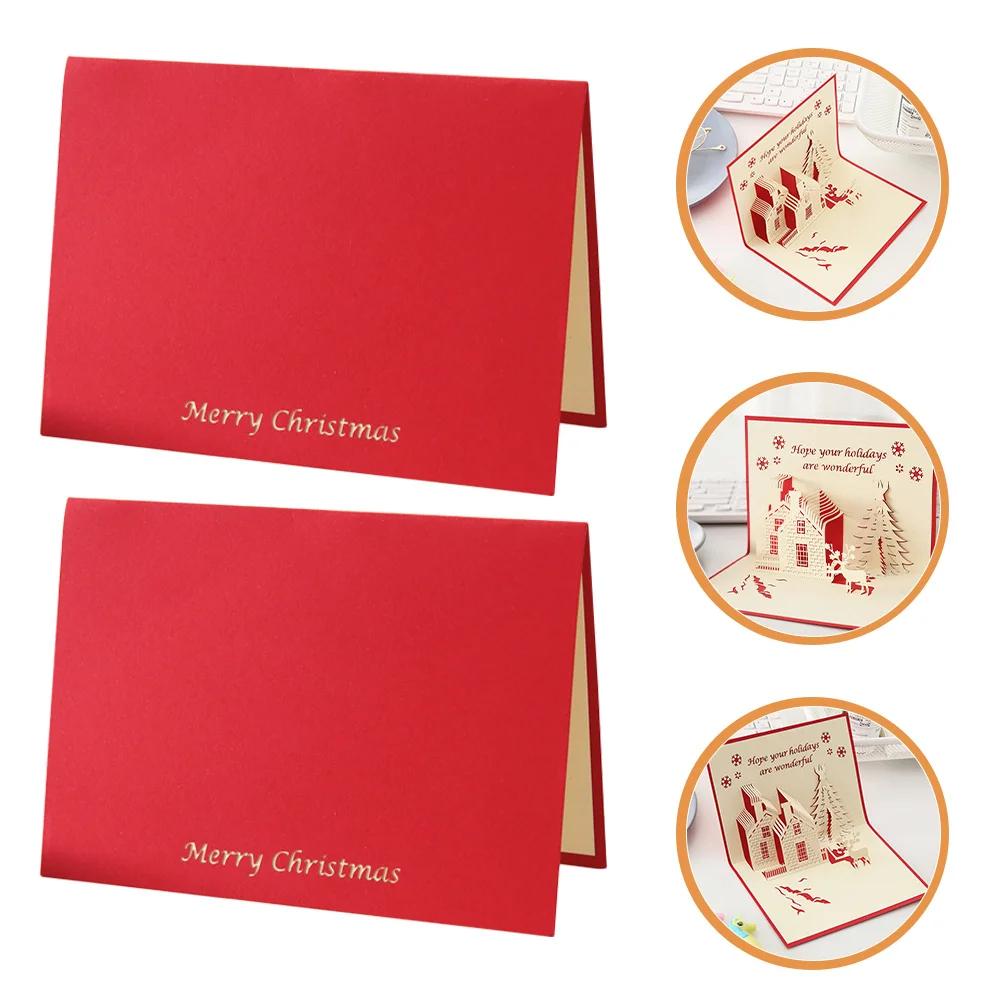 

2pcs 3D Christmas Greeting Card Creative Pop Up Blessing Cards For Kids Family Friends Xmas Gift Festival Decor Printing