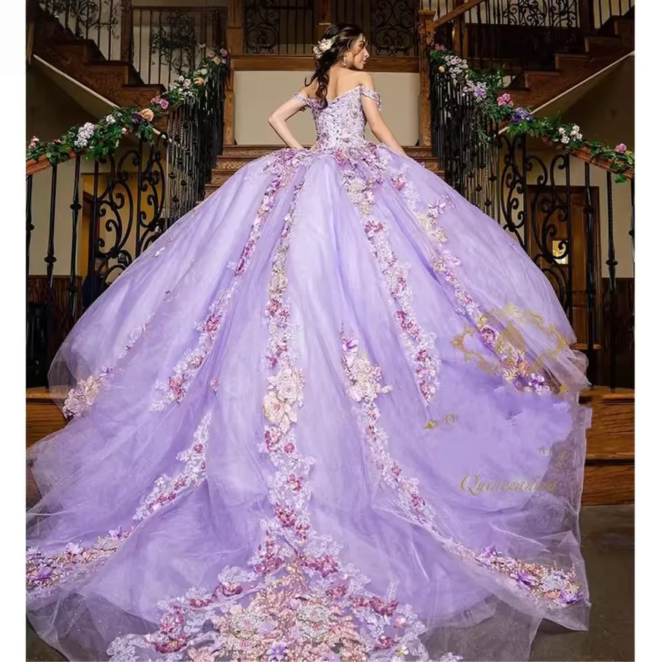 Lilac Charro Quinceanera Dresses Ball Gown Off The Shoulder Appliques Floral Pearls Mexican Sweet 16 Dresses 15 Anos Customized