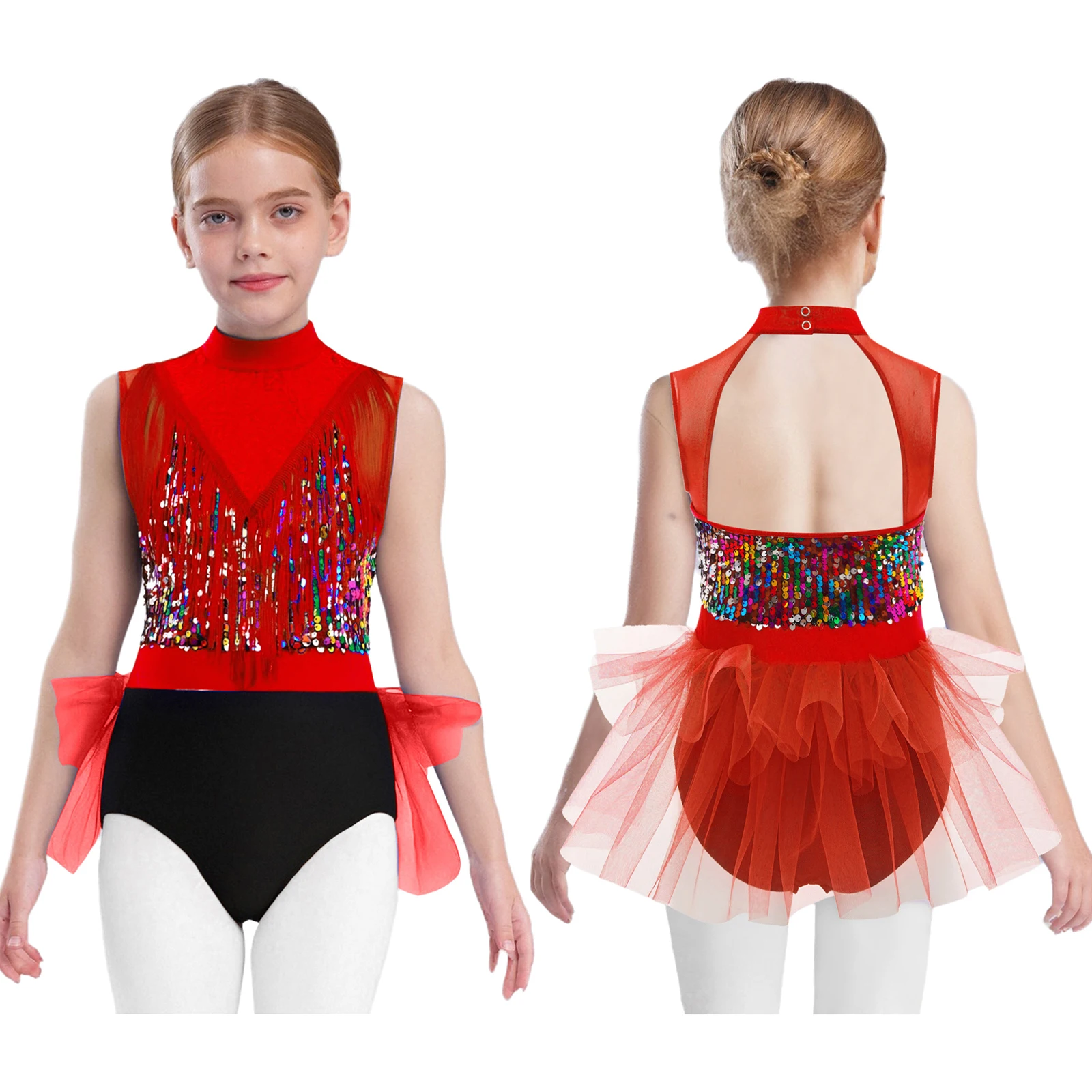 

Kids Girls Latin Jazz Stage Performance Costume Sleeveless Cutout Back Tassels Shiny Sequins Dance Dress for Ballet Gym Skating