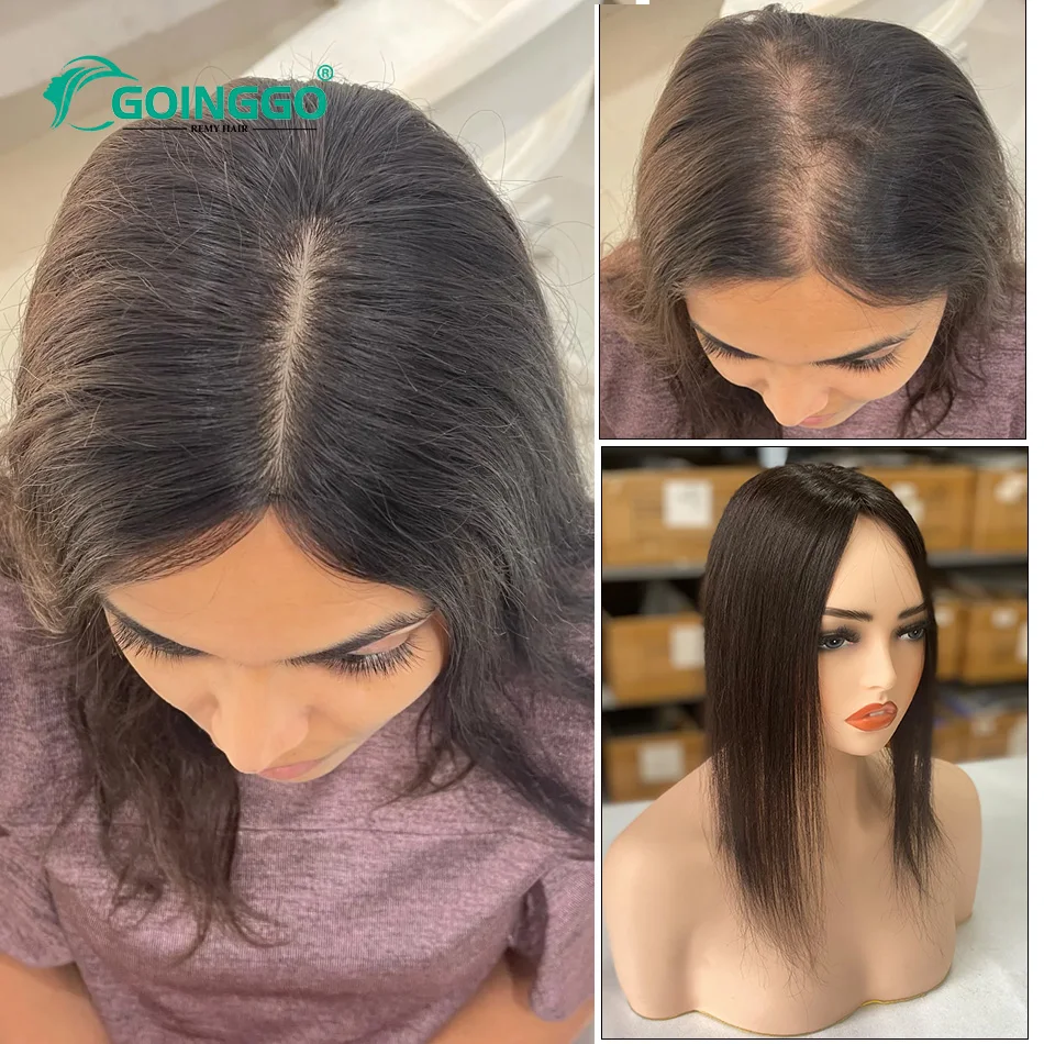 7x11cm Middle Part Human Hair Toppers for Women Full Coverage No Bangs Hair Pieces 25-30cm Fake Scalp Silk Base for Thinning Hai