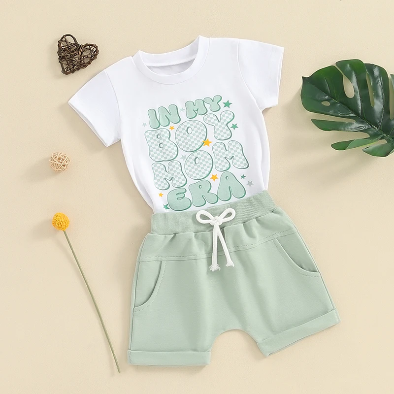 

Baby Boy 2 Piece Outfits Round Neck Short Sleeve Letter Print Tops Elastic Waist Shorts Infant Toddler Summer Set