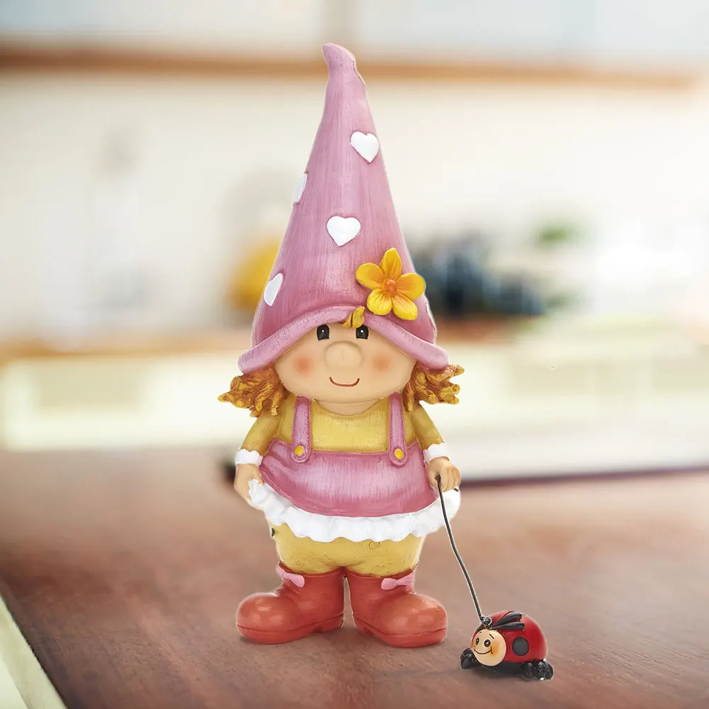 Funny Character Little Girl Gnome Art Statue Cute Garden Sculpture Ornament with Cute Ladybug Dwarf Sculpture Home Decor Gifts